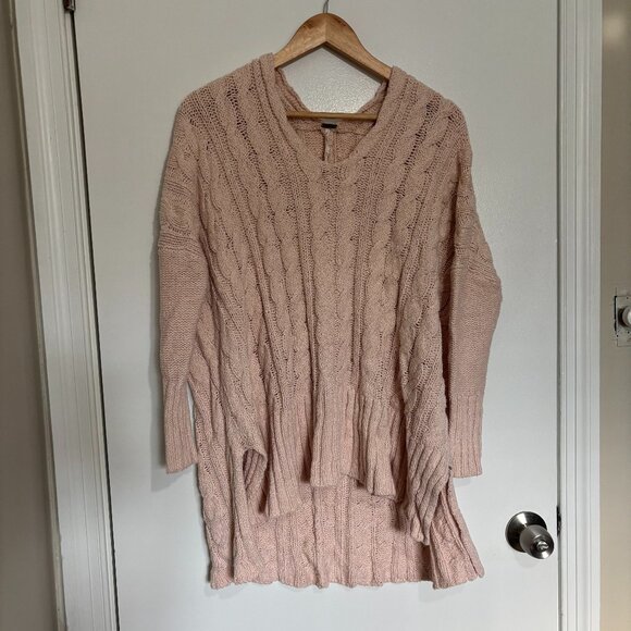 Free People Easy Cable V Neck Cotton Knit Sweater Medium Dusty Rose Pink - Picture 1 of 5